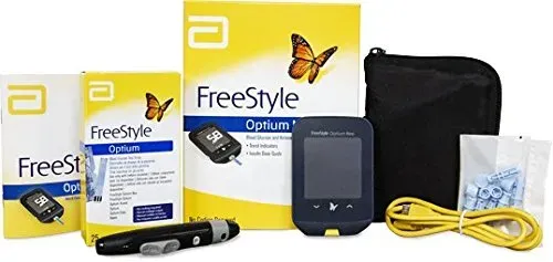 FreeStyle Optium Neo blood glucose meter kit with boxes, lancing device, meter, case and cable