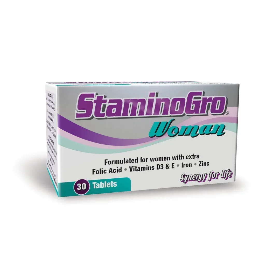 Angled studio shot of StaminoGro Woman 30 Tablets box