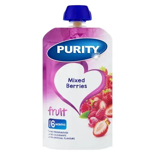Front of Purity Mixed Berries fruit pouch 110ml