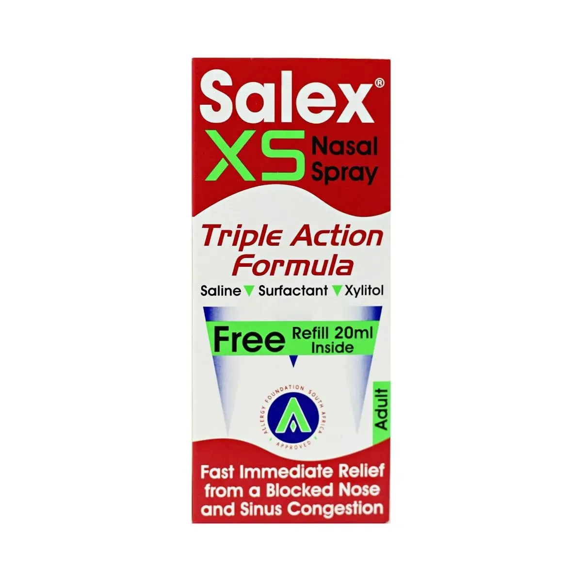 Front of Salex XS Nasal Spray 20ml box on white background