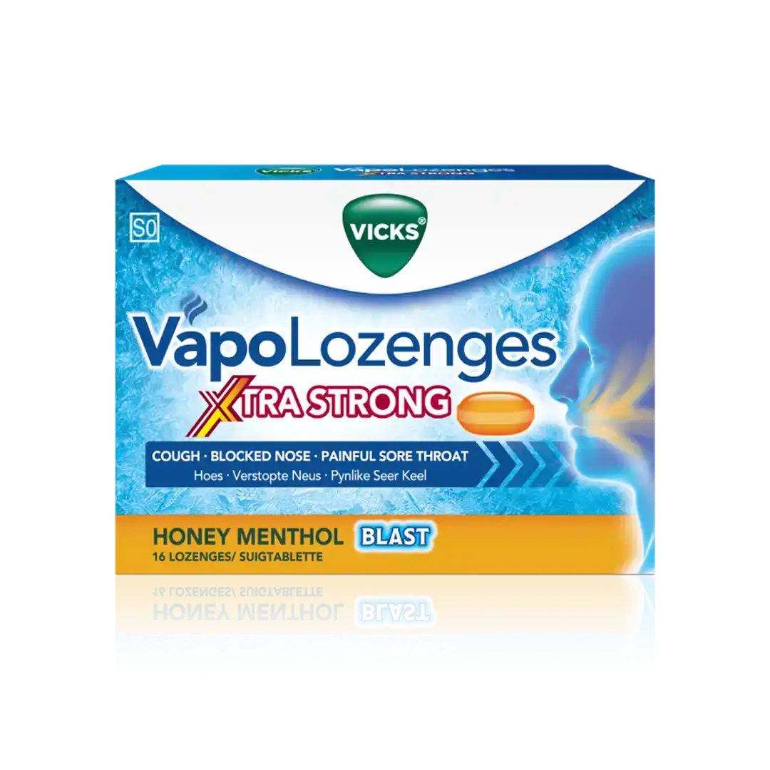 Front of Vicks VapoLozenges Xtra Strong Honey Menthol Blast 16 lozenges box