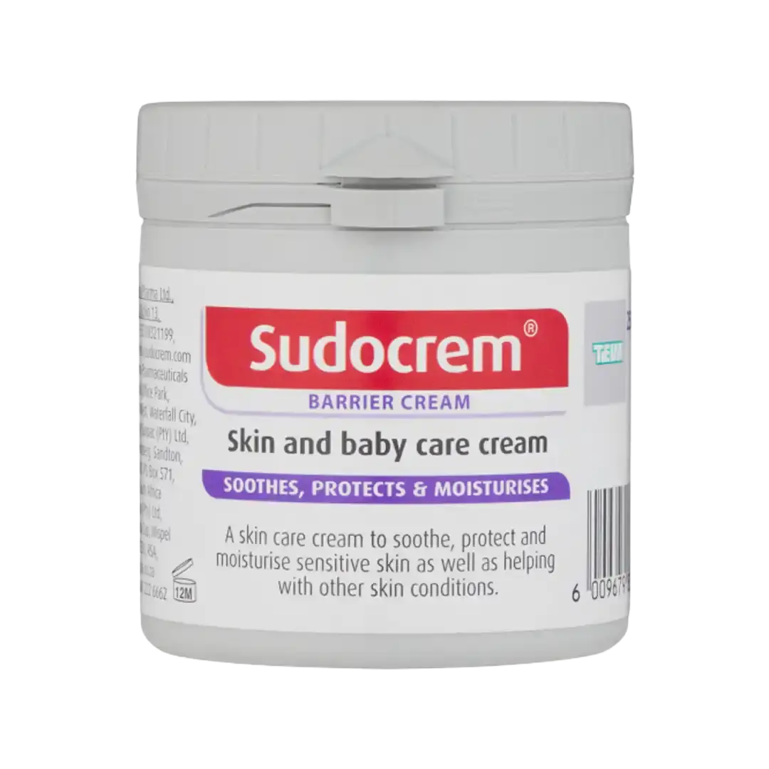 Front label of Sudocrem Barrier Cream Skin and Baby Care Cream 250 g tub