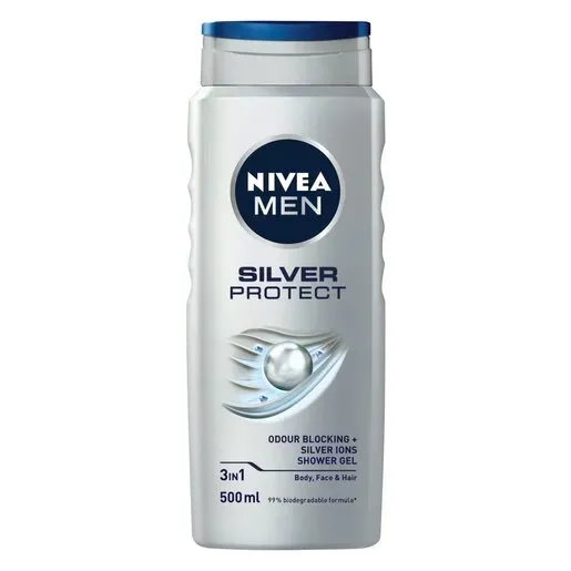 Front of Nivea Men Silver Protect 3 in 1 Shower Gel 500 ml bottle
