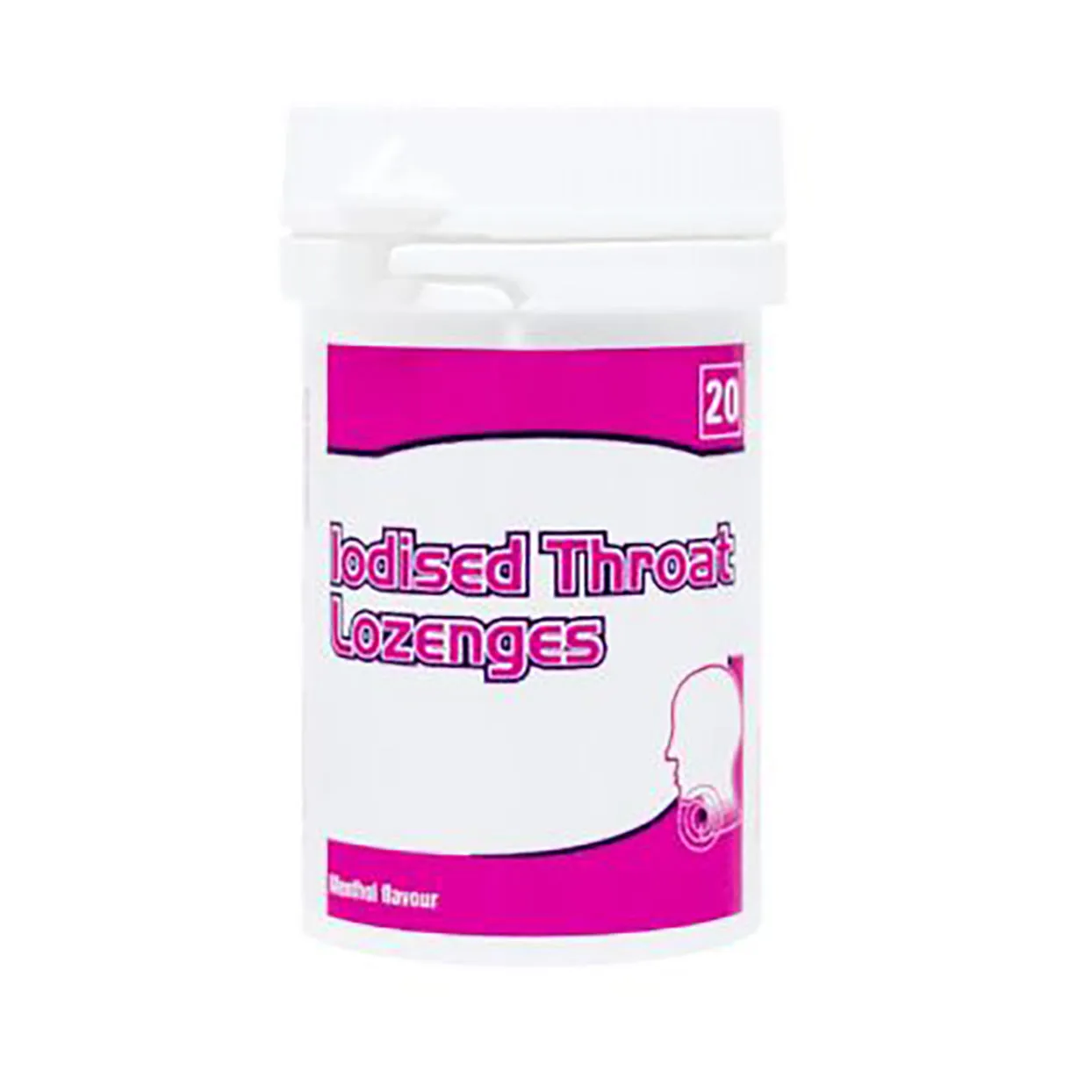 Front of Iodised Throat Lozenges 20's tub, menthol flavour