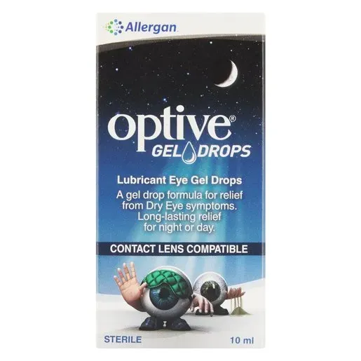 Front of Optive Gel Drops 10 ml box by Allergan