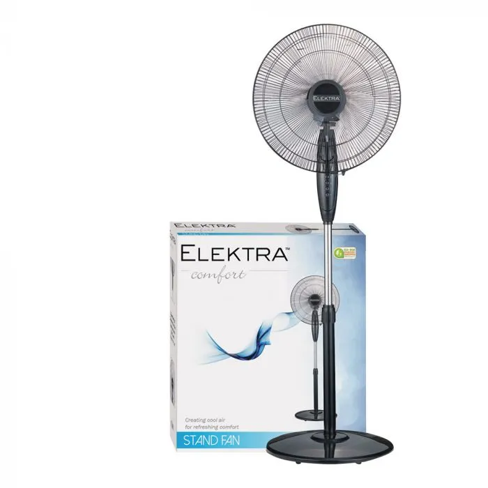 Elektra Comfort Stand Fan with retail packaging box