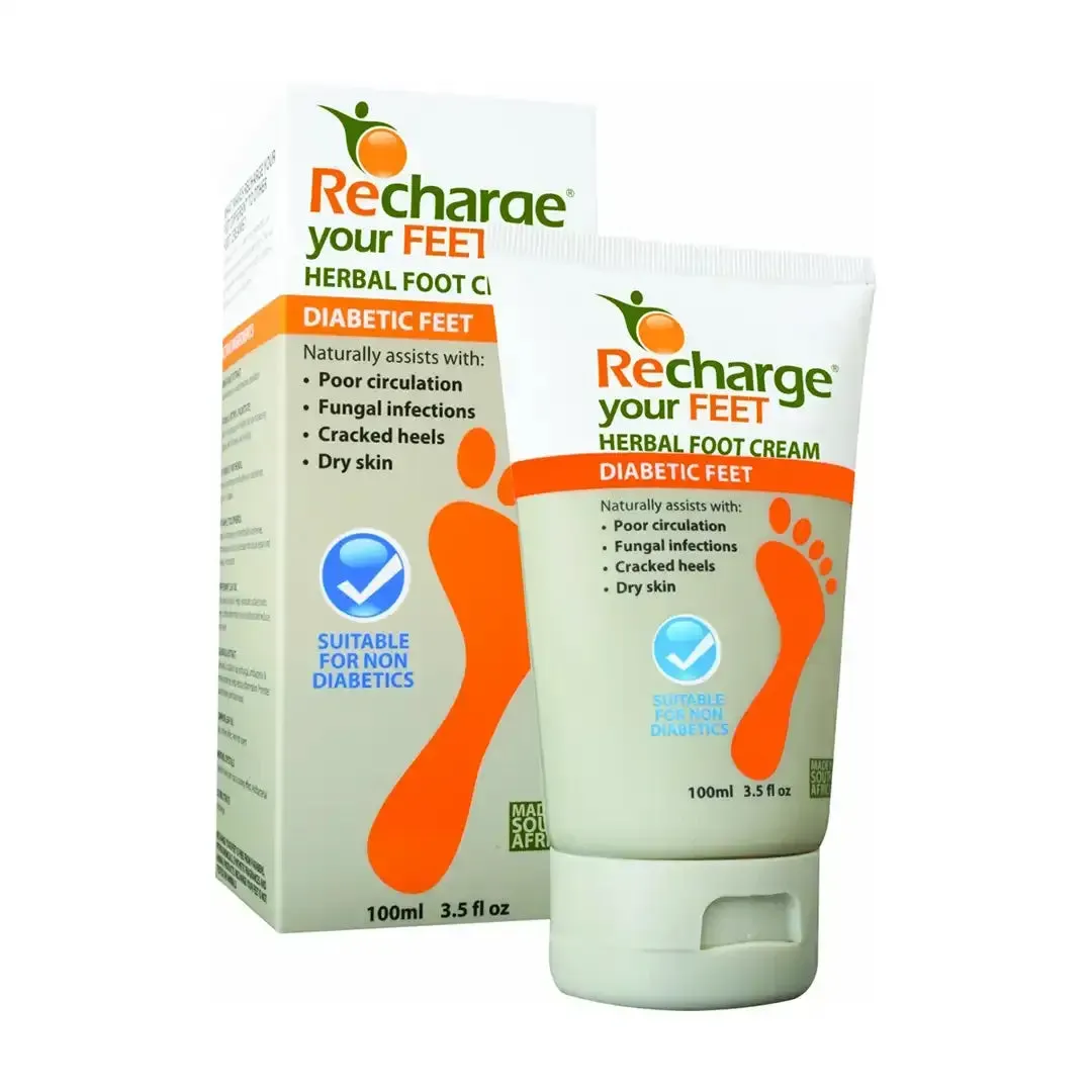 Front of Recharge Your Feet Herbal Foot Cream box and tube, 100 ml