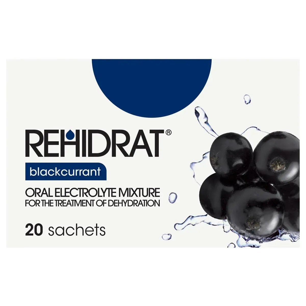 Front of Rehidrat Blackcurrant Oral Electrolyte Mixture 20x14g sachets box