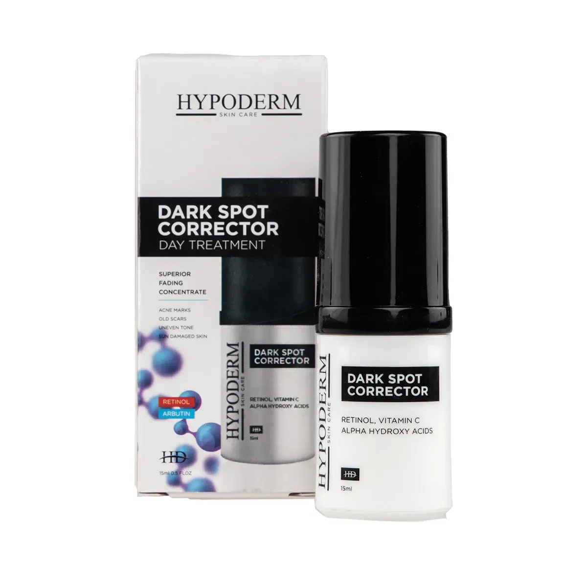 Front of Hypoderm Dark Spot Corrector Day Treatment box and bottle, 15 ml