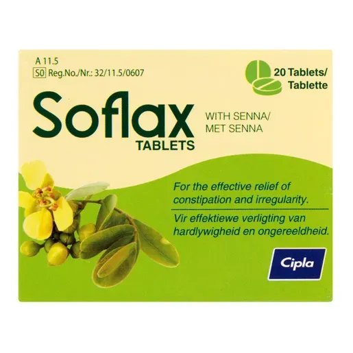 Front of Soflax Tablets with Senna 20 tablets box by Cipla-Medpro