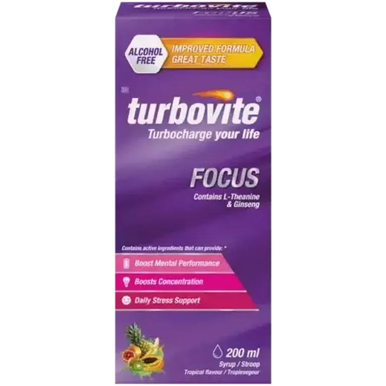 Front view of Nativa Turbovite Focus Syrup 200 ml box on white background