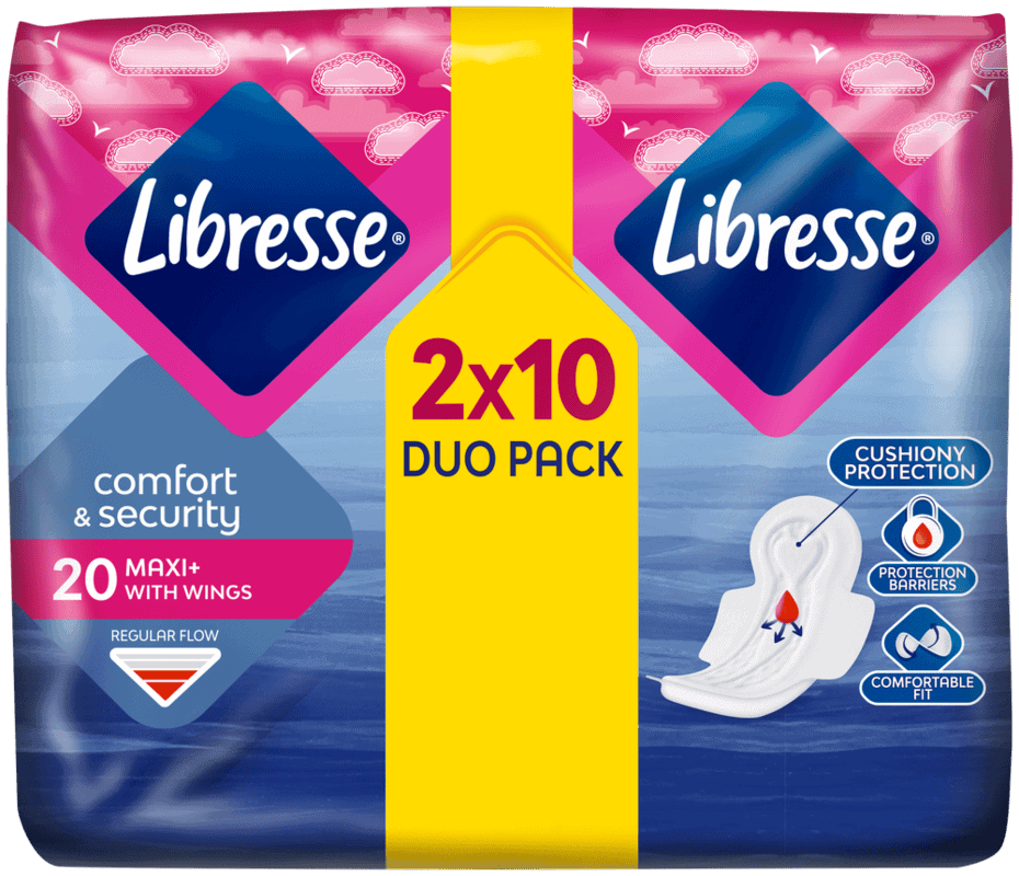 Libresse Regular Flow Comfort & Security Maxi+ Sanitary Pads with Wings 20pk