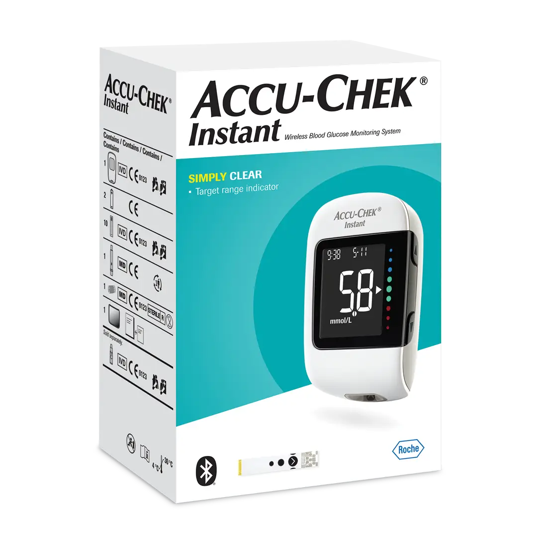 Higher resolution front angled view of Accu-Chek Instant Blood Glucose Monitoring Kit box