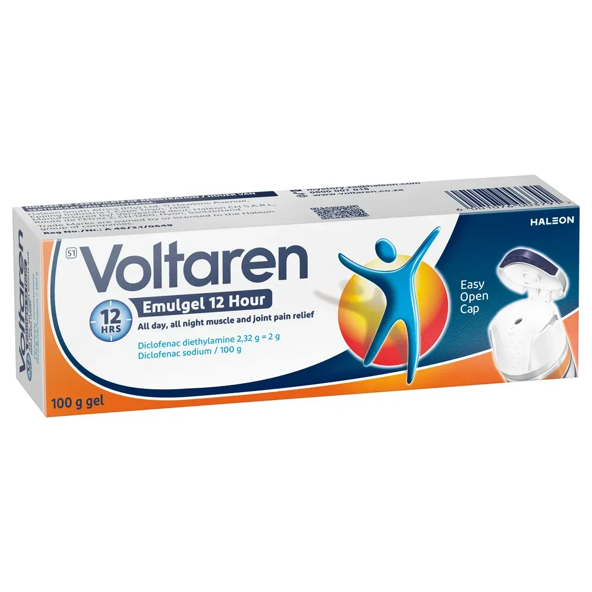 Front-angled view of Voltaren Emulgel 12 Hour 100 g gel box