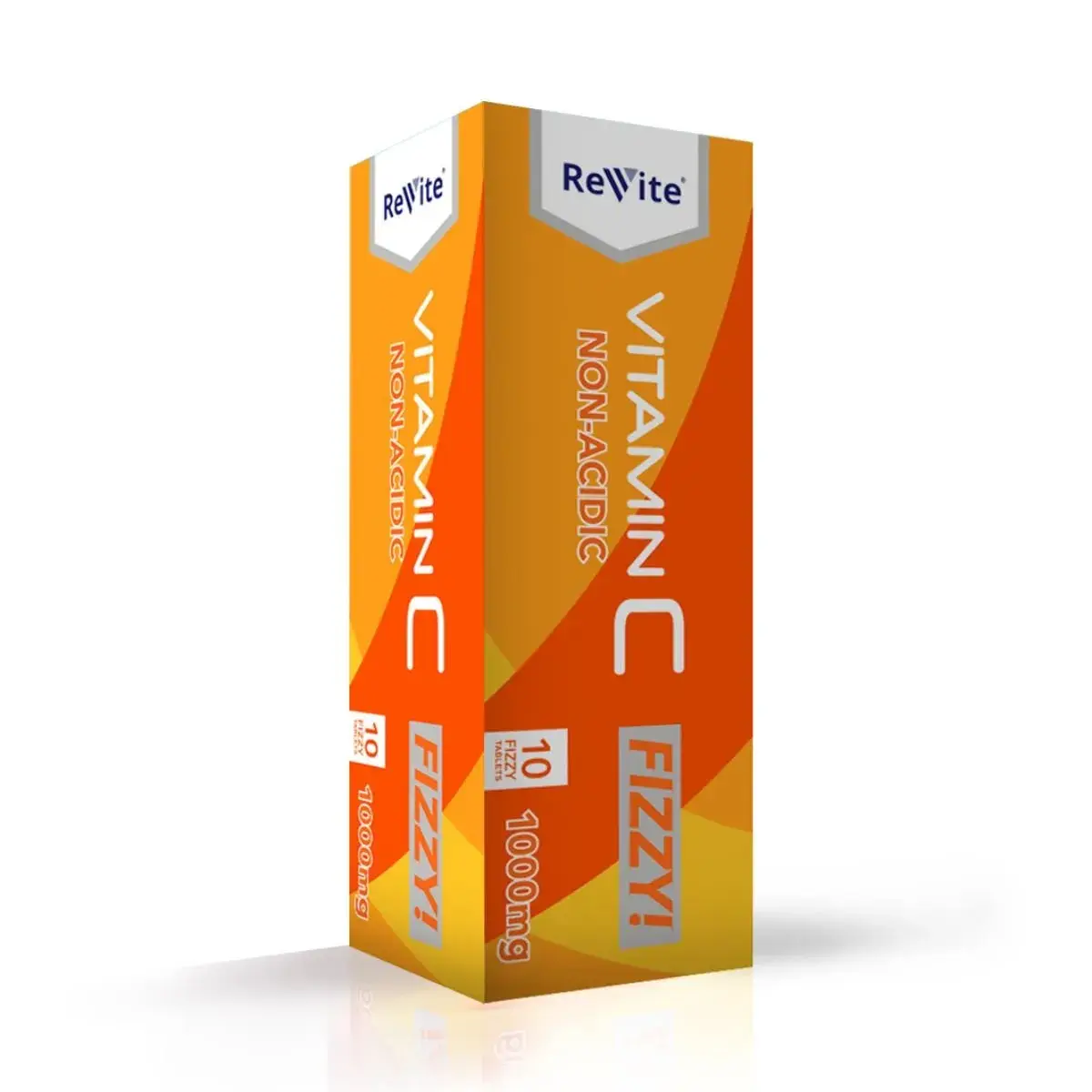 Front angled view of Revite Vitamin C Non-Acidic Fizzy 1000mg 10 effervescent tablets box