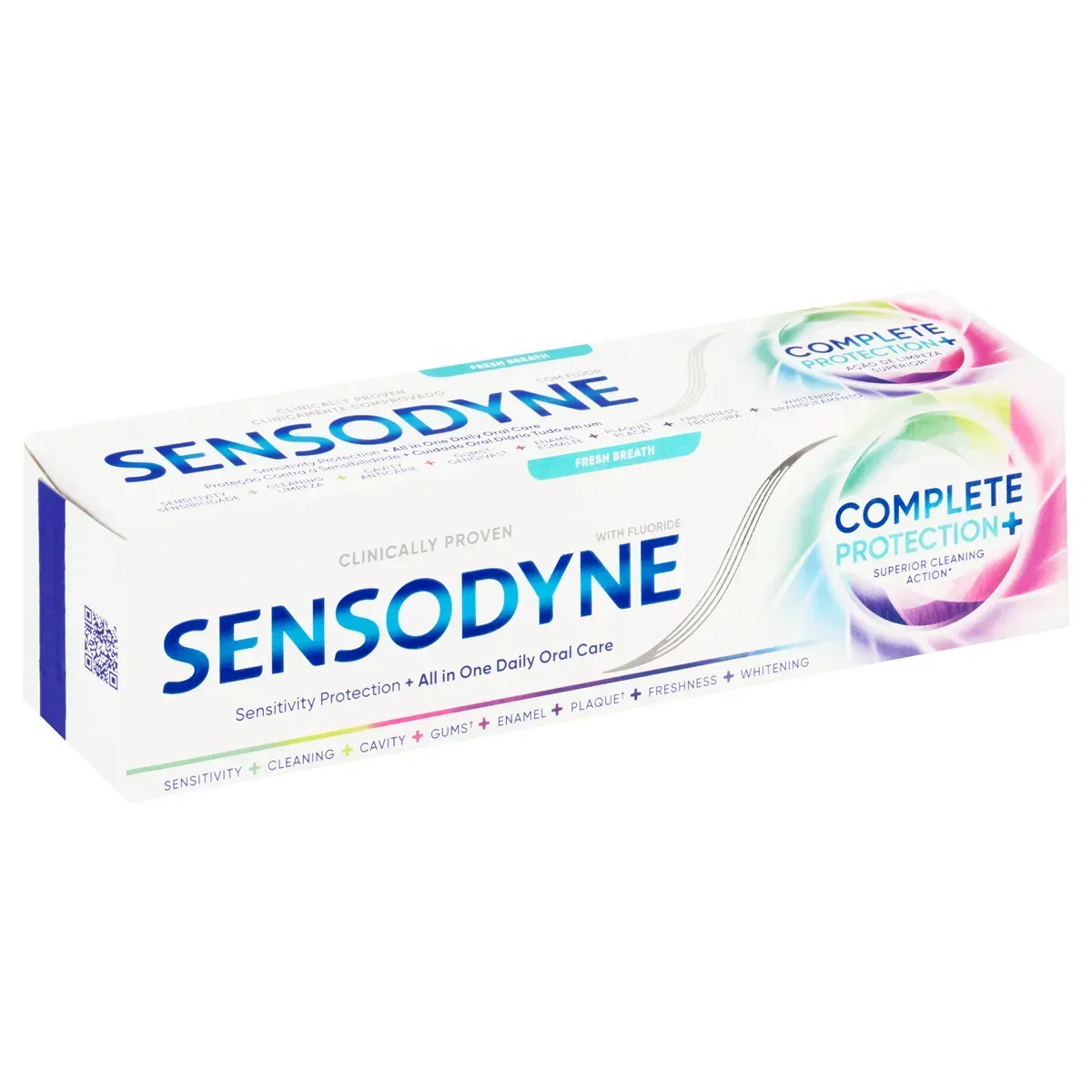 Angled view of Sensodyne Complete Protection+ Fresh Breath toothpaste box 75 ml on white background