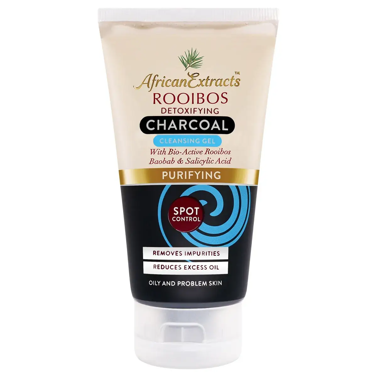 Front of African Extracts Rooibos Detox Charcoal Cleansing Gel 150ml tube, higher resolution