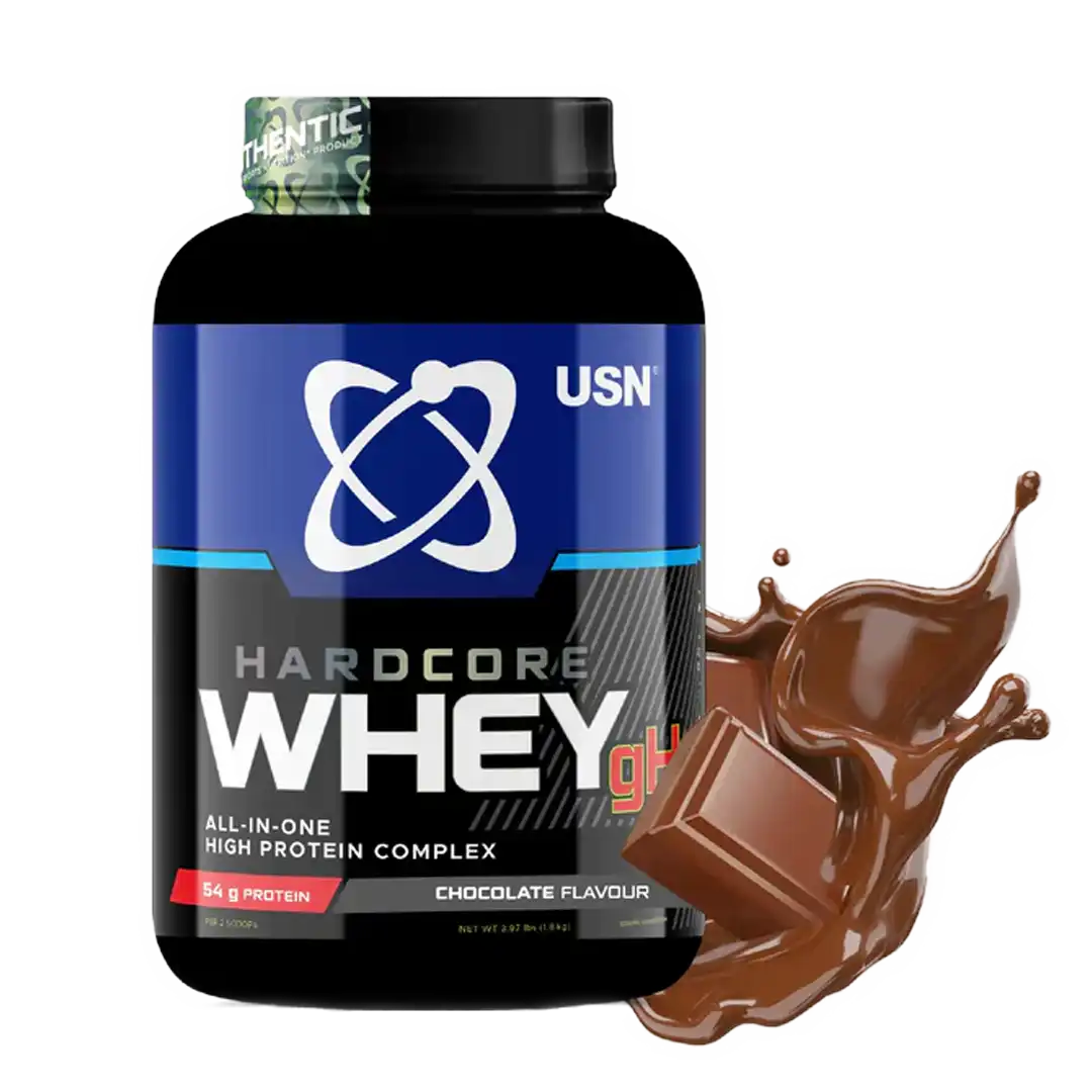 Front of USN Hardcore Whey gH Chocolate flavour tub, 1.8kg