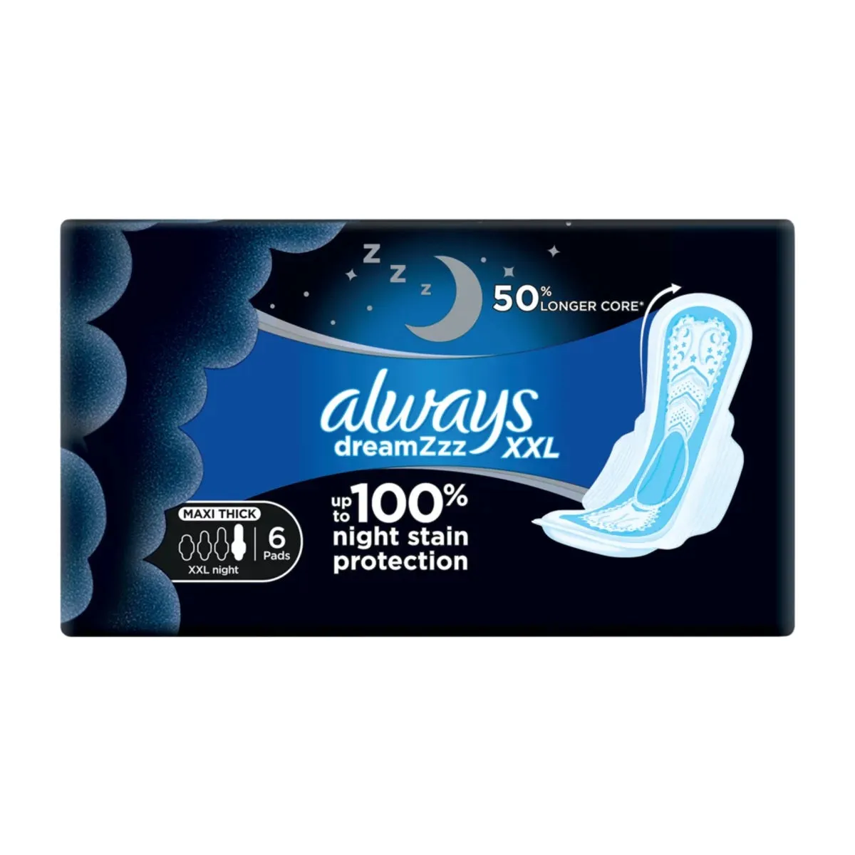 Front of Always Dreamzzz XXL Maxi Thick night pads, pack of 6