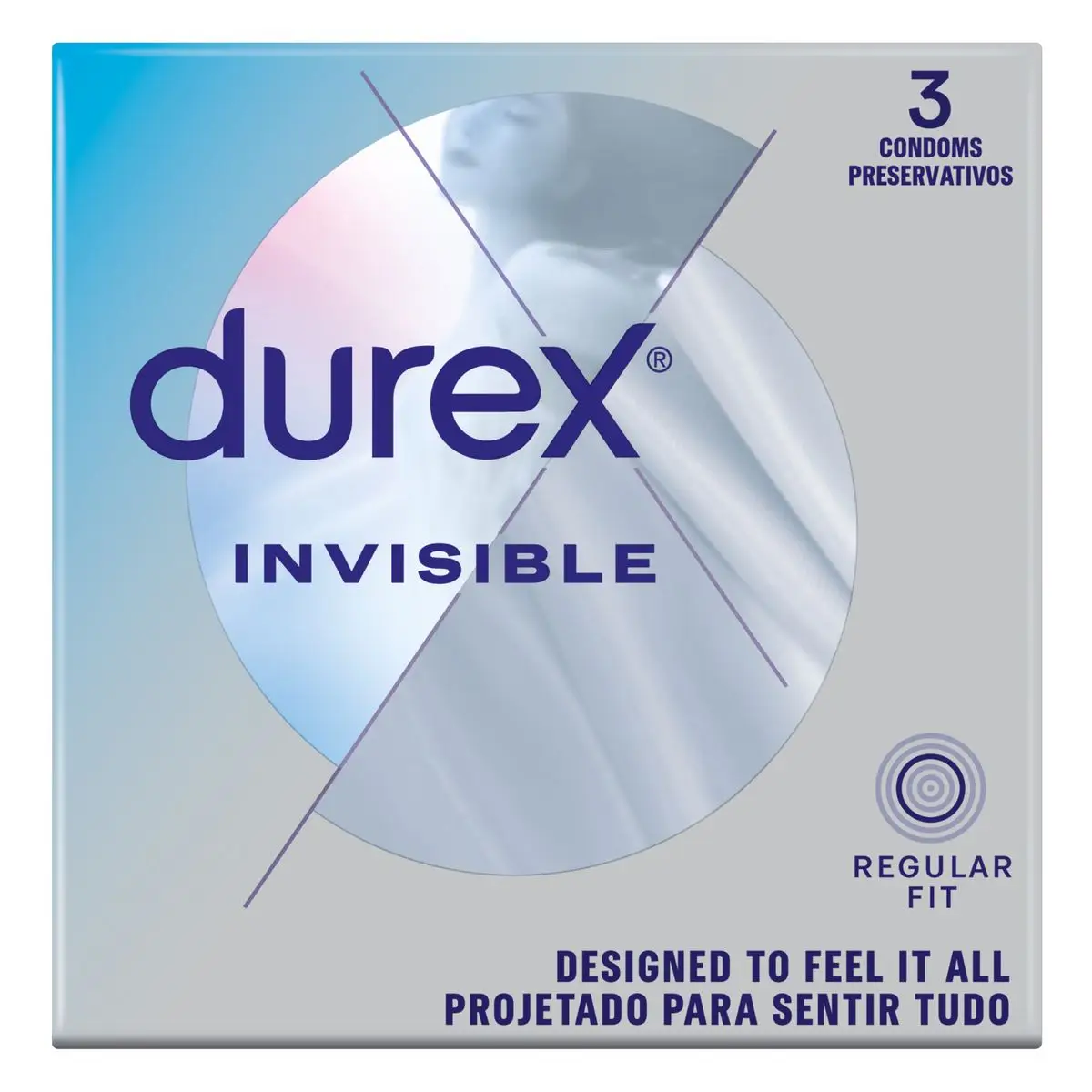 Front of Durex Invisible 3 condoms box, regular fit