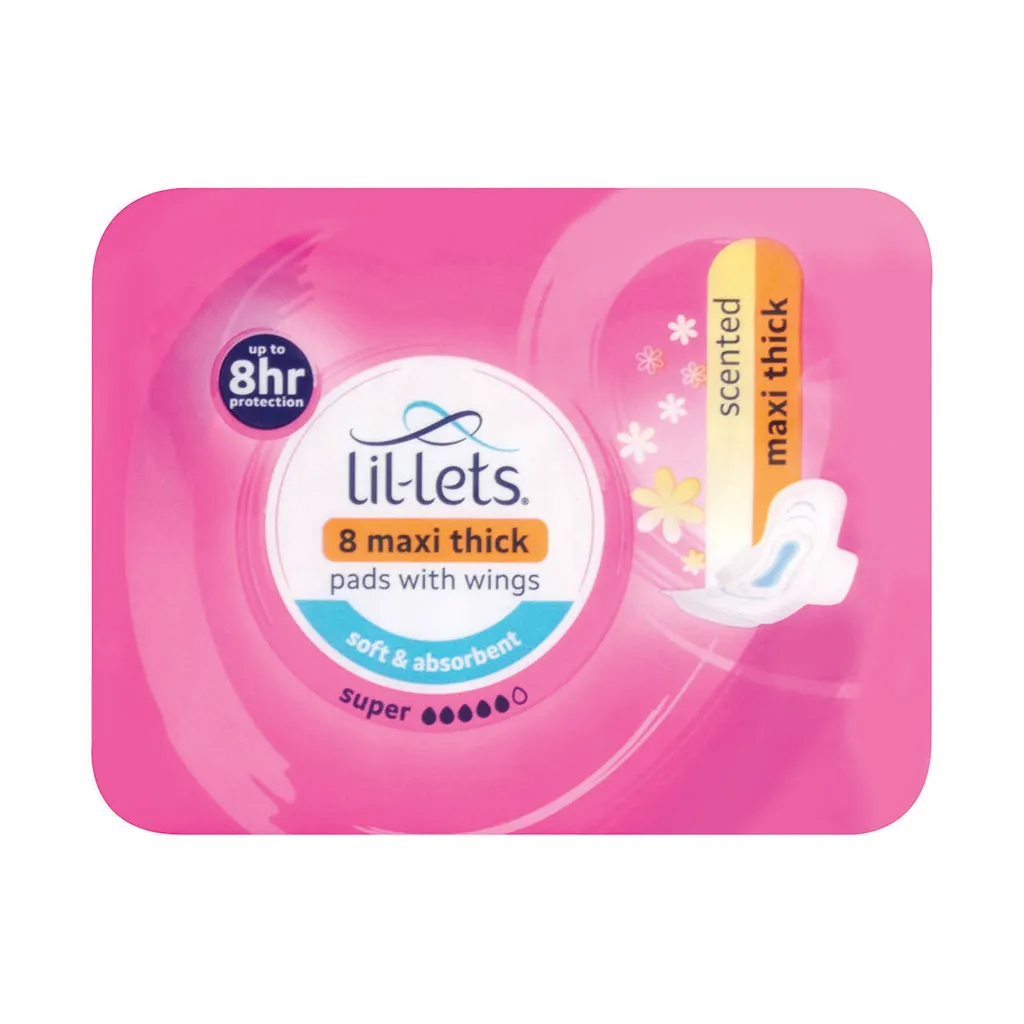 Front of Lil-lets Maxi Thick Pads with Wings, Scented, Super, pack of 8