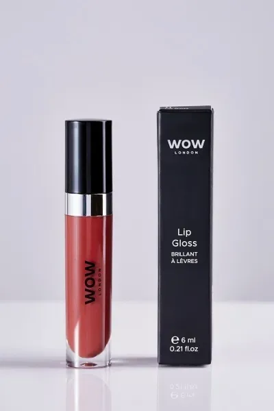 Front view of WOW London Lip Gloss tube and box, 6 ml