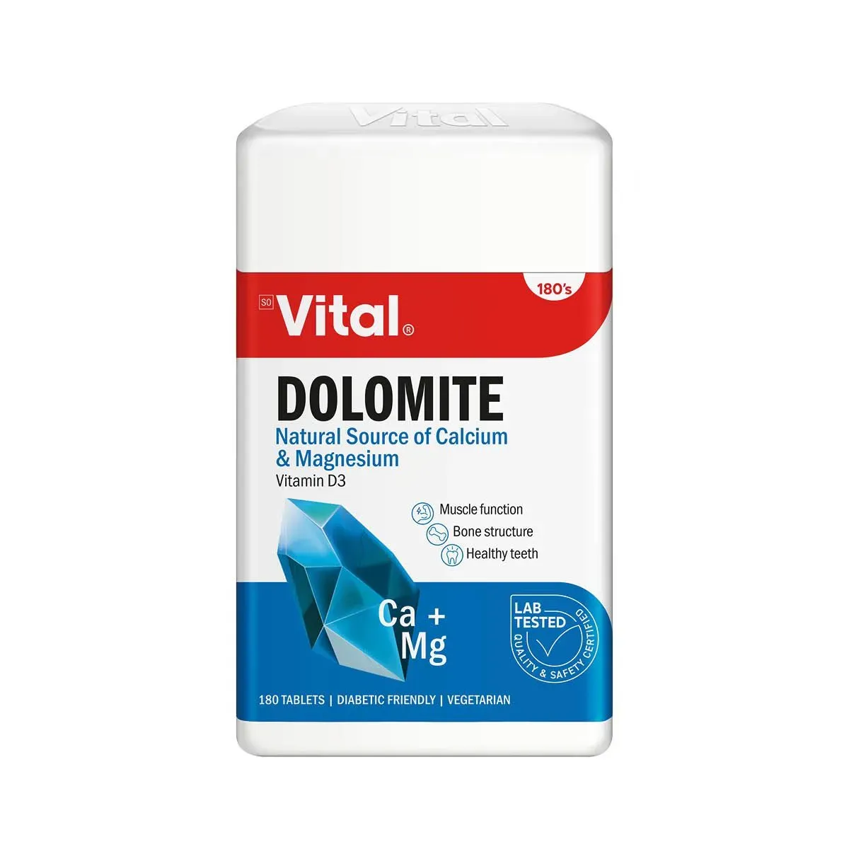 Front of Vital Health Foods Dolomite Ca+Mg 180 tablets bottle on white background