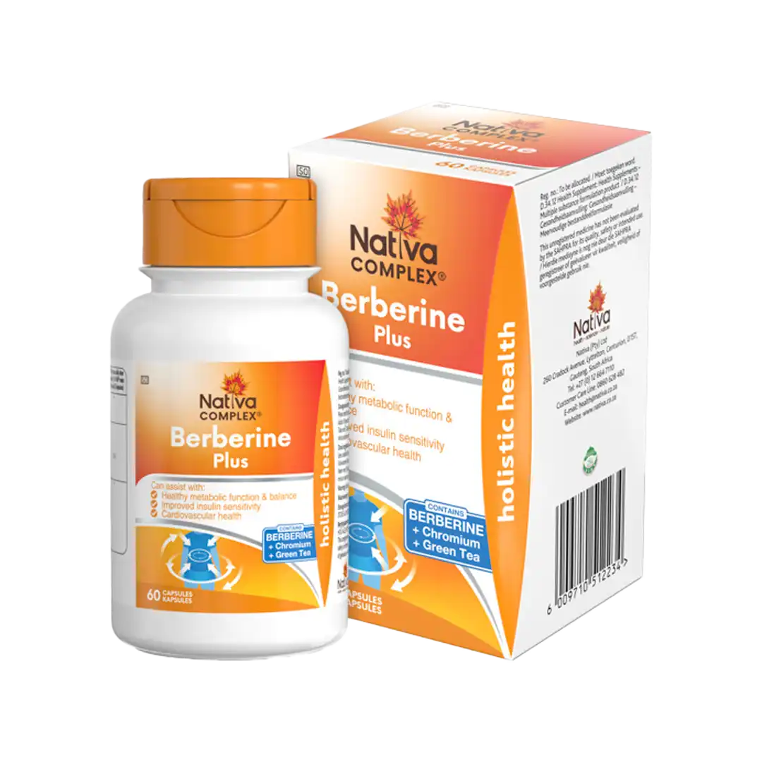 Front angled view of Nativa Complex Berberine Plus 60 capsules bottle and box