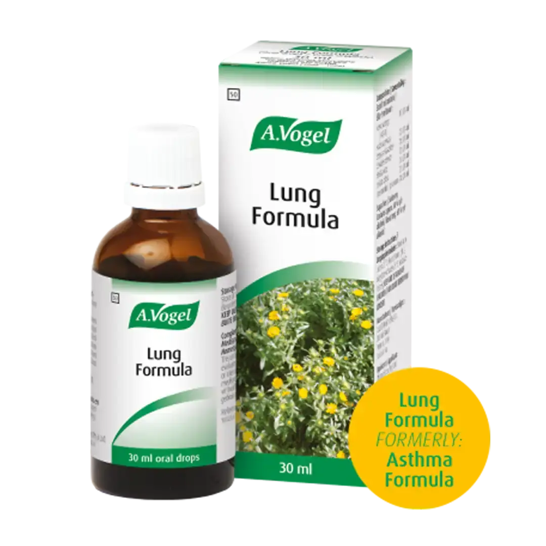 Front of A.Vogel Lung Formula (formerly Asthma Formula) 30 ml oral drops box and bottle