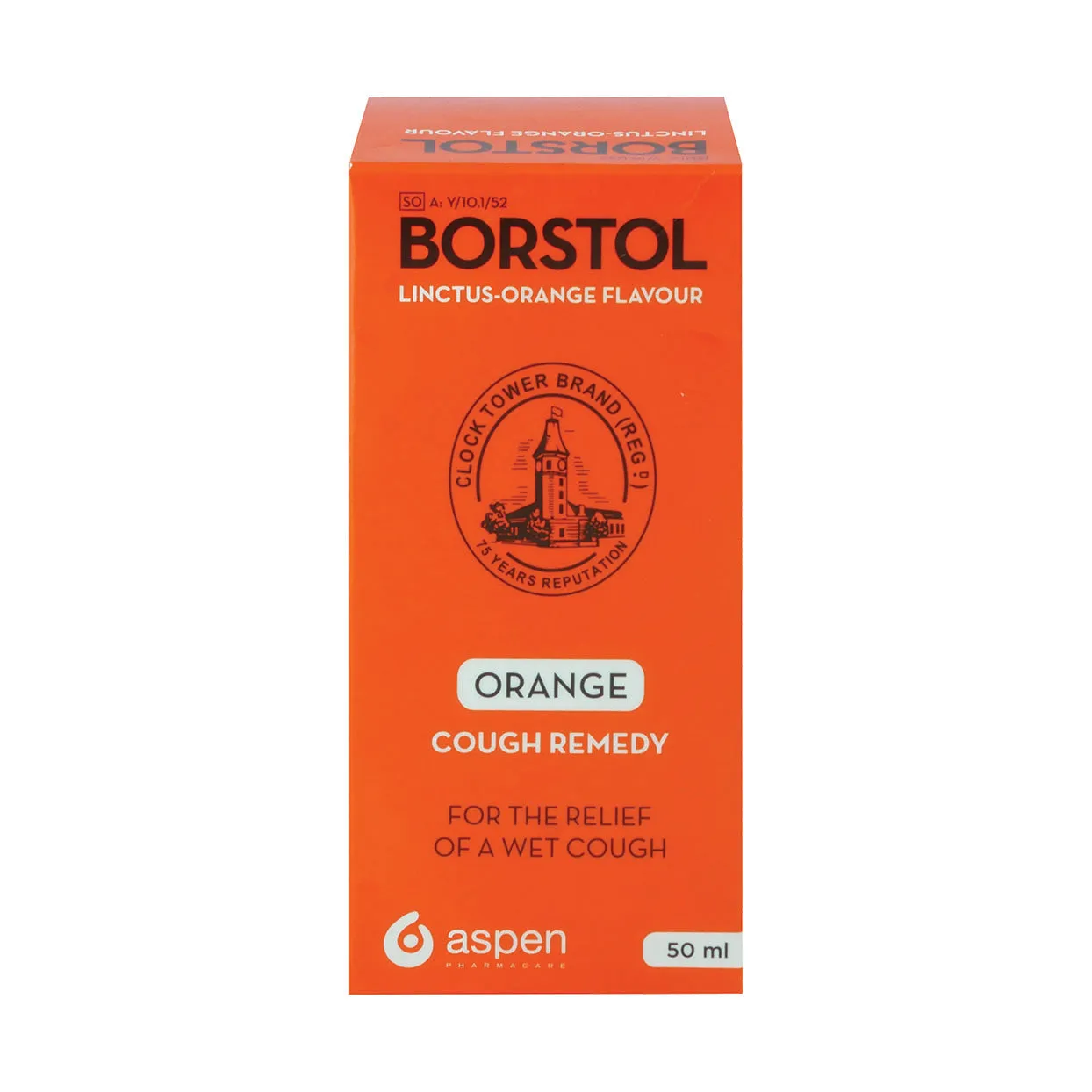 Front of Borstol Orange Linctus Cough Remedy 50ml box, Aspen Pharmacare