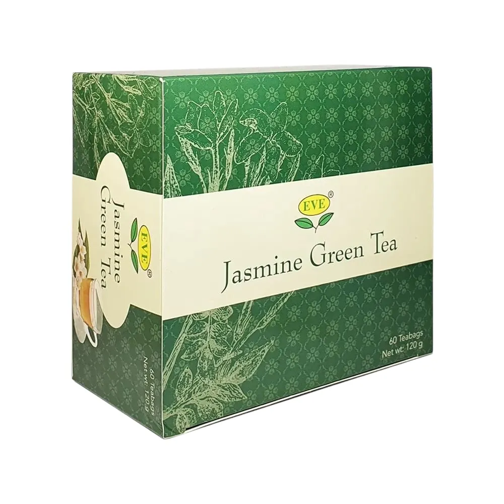 Front of Eve's Jasmine Green Tea box, 60 teabags
