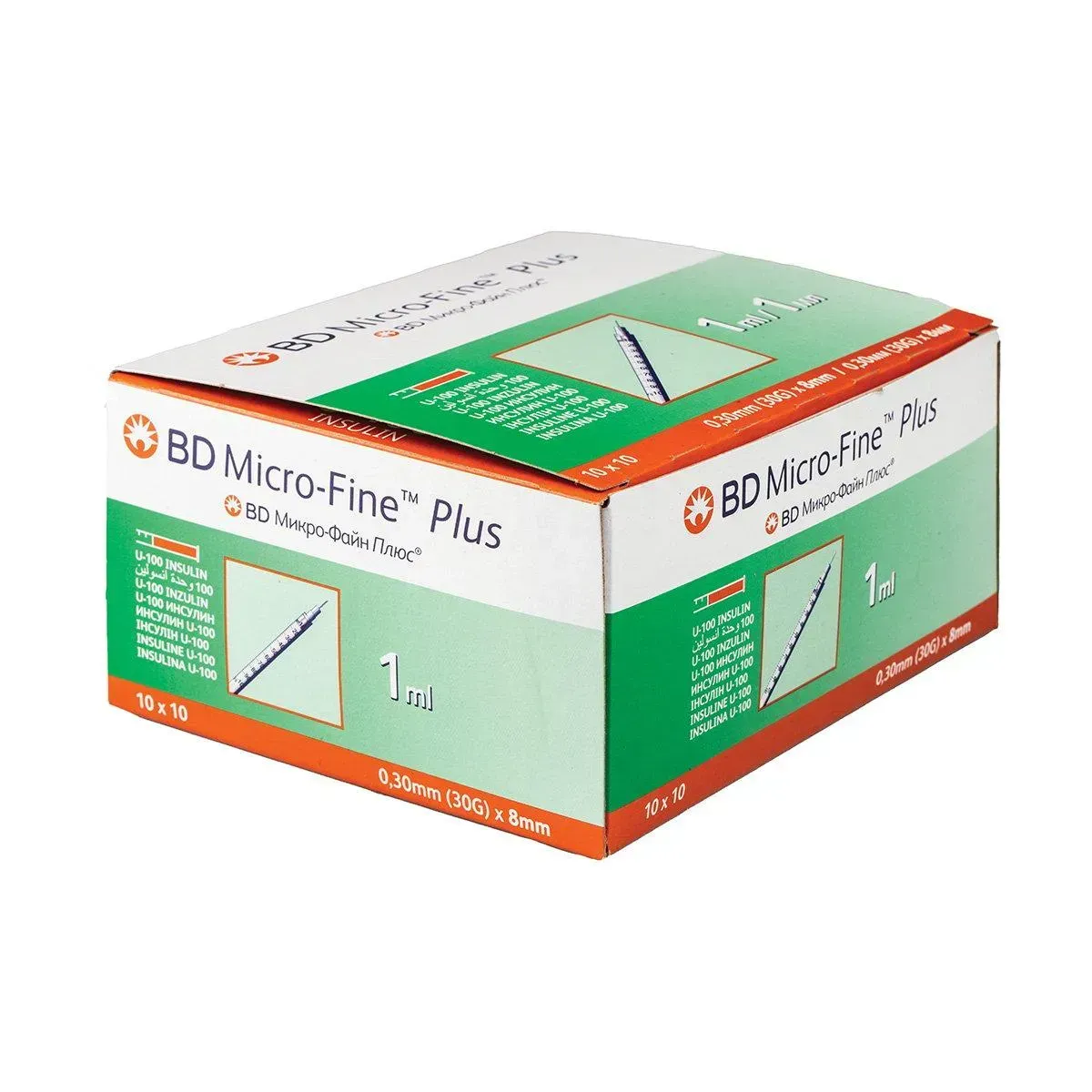 Angled view of BD Micro-Fine Plus Insulin Needles 30G x 8mm 1ml box, pack of 100