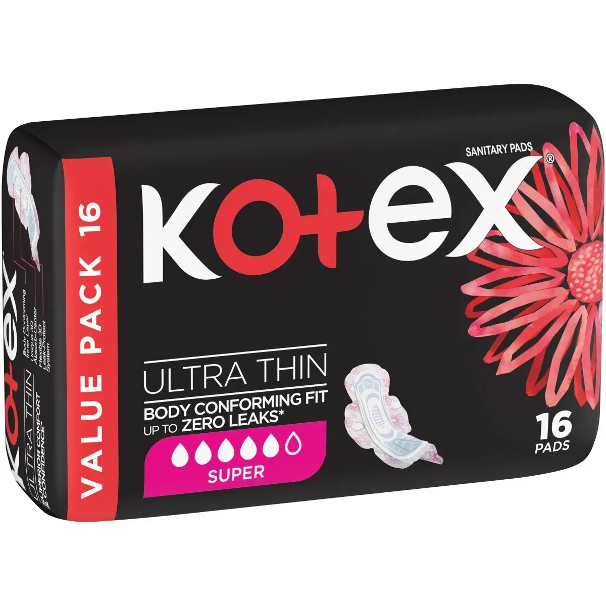 Angled view of Kotex Ultra Thin Super Sanitary Pads Value Pack 16