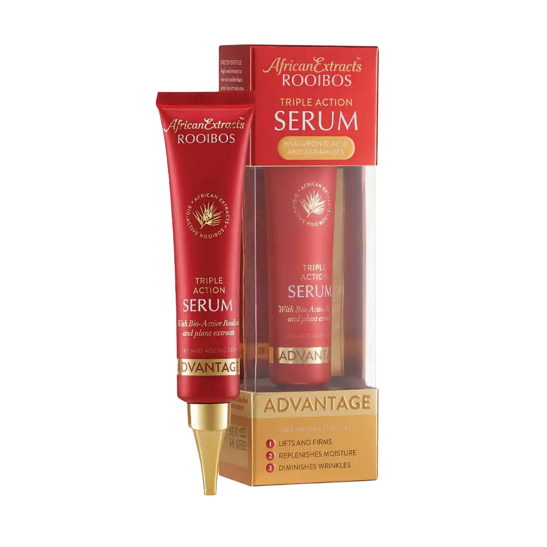 Front of African Extracts Rooibos Advantage Triple Action Serum box and tube, 30ml