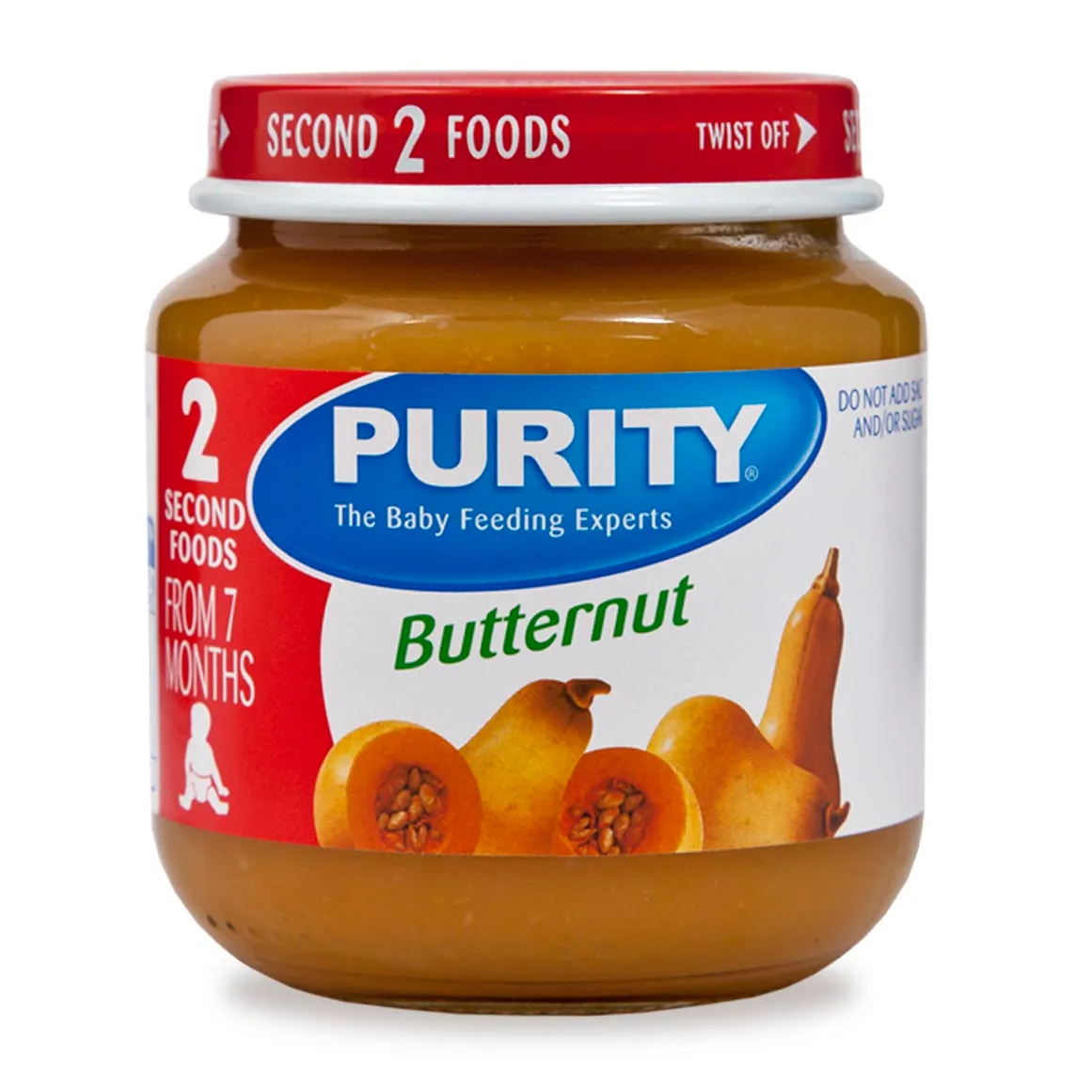 Front of Purity Second Foods Butternut baby food jar, 125ml