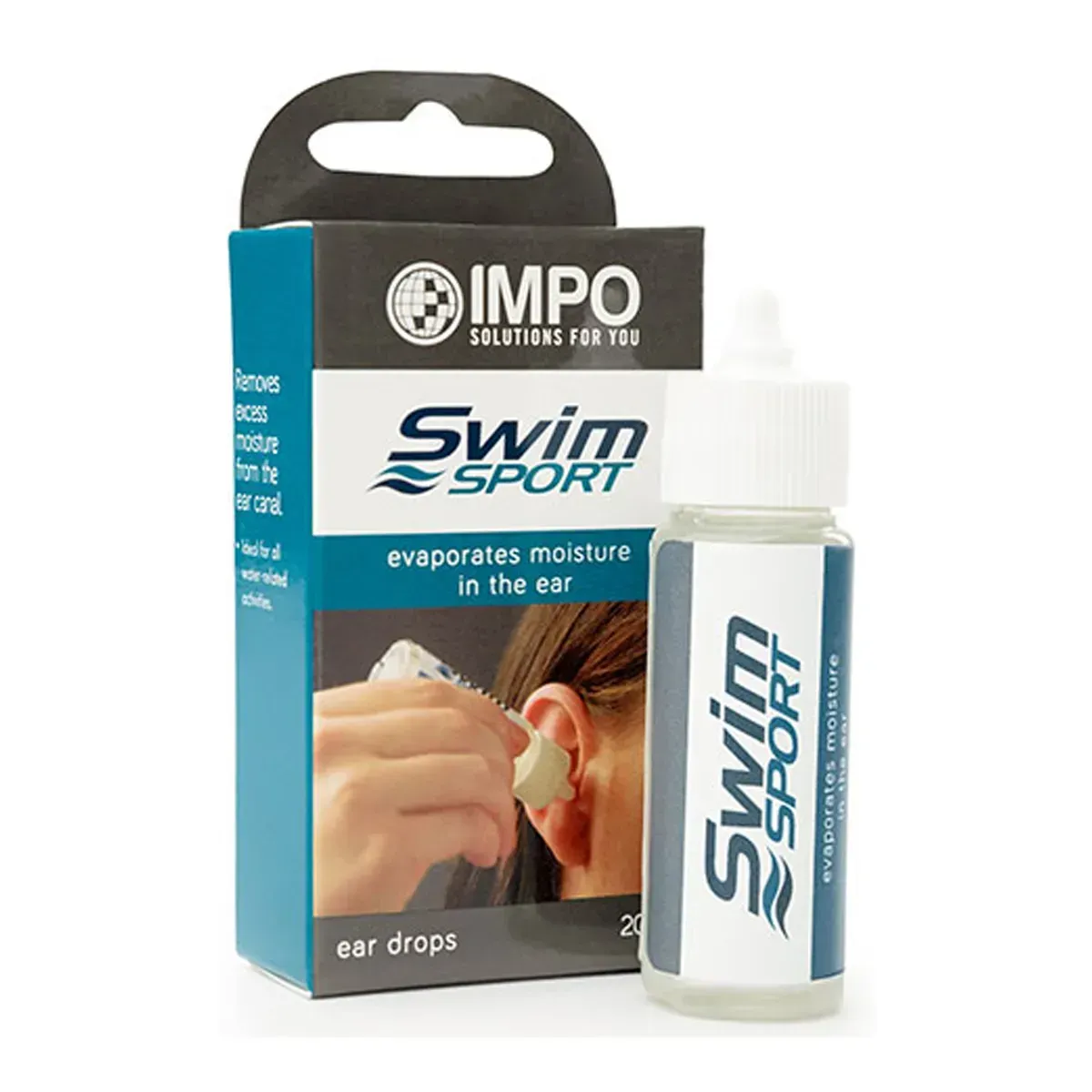 Front of SwimSport Ear Drops box and bottle by IMPO Solutions, 30 ml