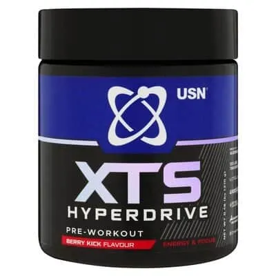 Front of USN XTS Hyperdrive Pre-Workout Berry Kick 210 g tub