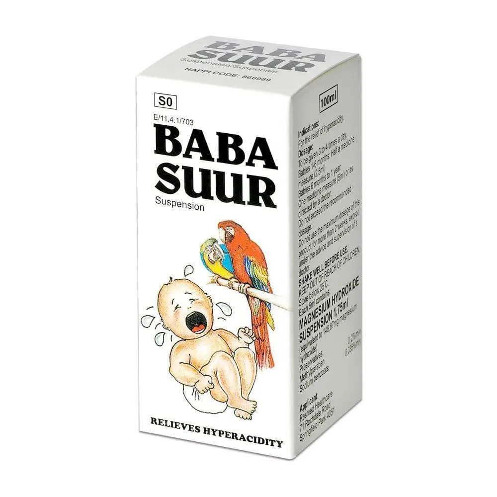 Angled view of GM Pharmaceuticals Baba Suur Suspension 100ml box, higher resolution