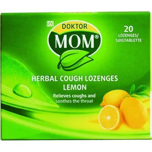 Front of Doktor Mom Herbal Cough Lozenges Lemon 20 lozenges box