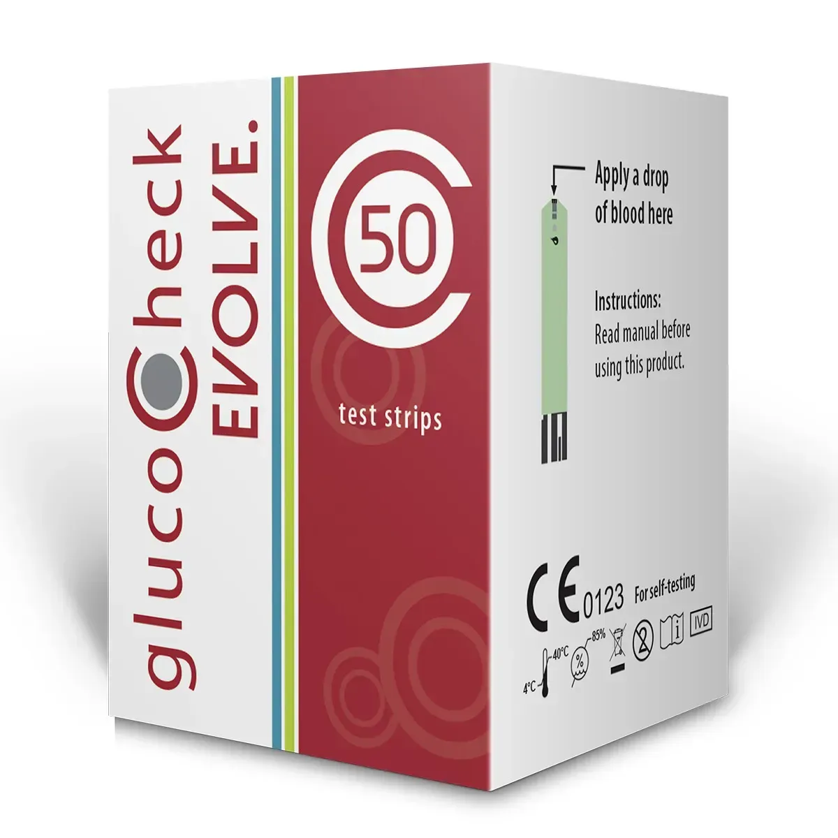 Angled view of glucoCheck EVOLVE 50 test strips box, HomeMed Gluco Check strips
