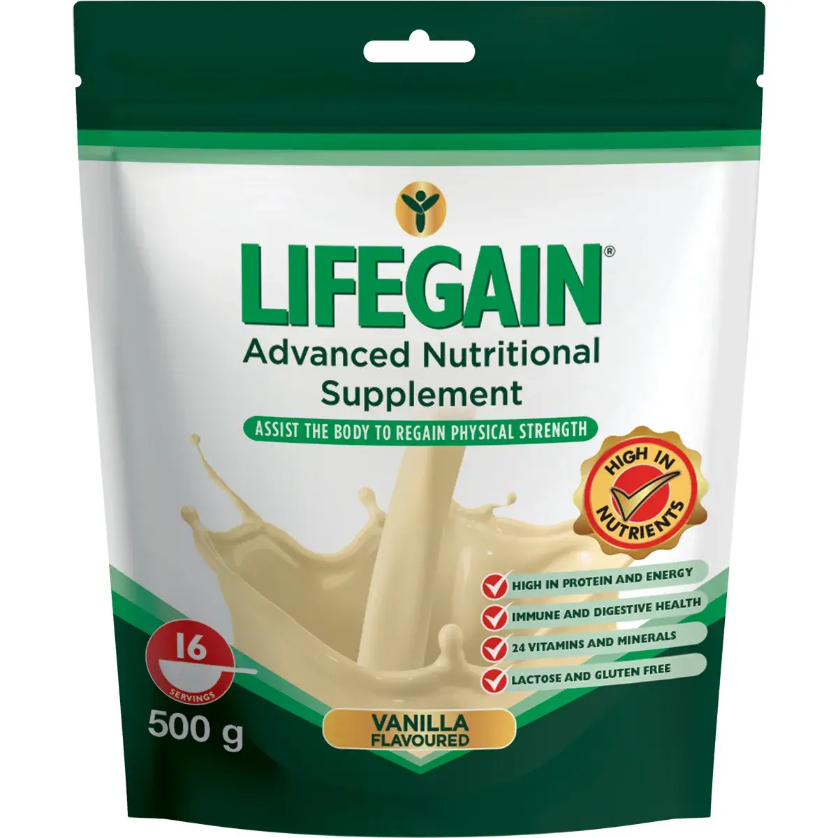 Front of LifeGain Vanilla Advanced Nutritional Supplement 500 g pouch