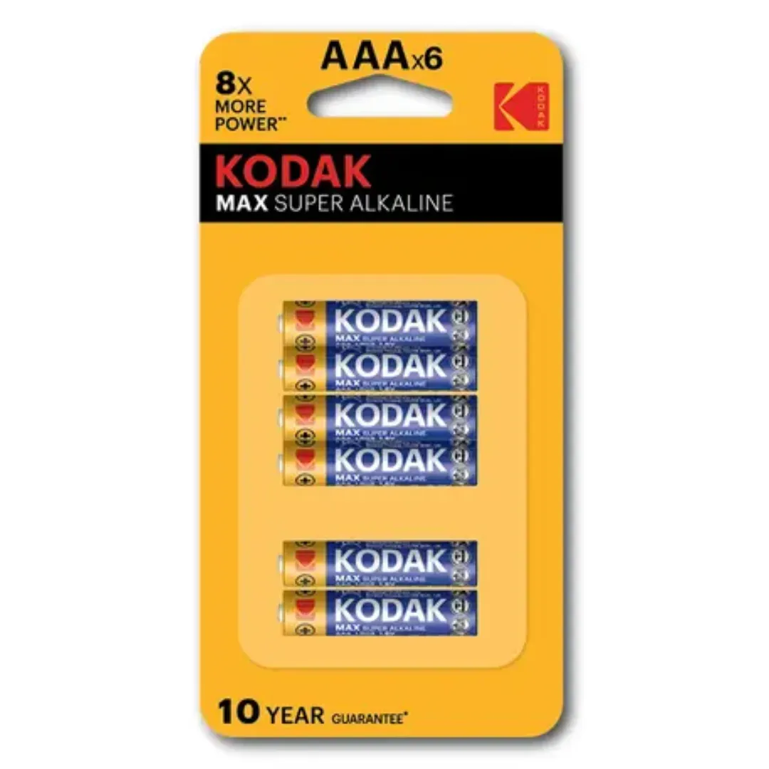 Front of Kodak Max Super Alkaline AAA batteries, pack of 6