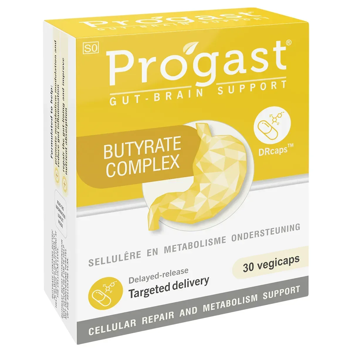 Angled view of Progast Butyrate Complex Gut-Brain Support box, 30 vegicaps