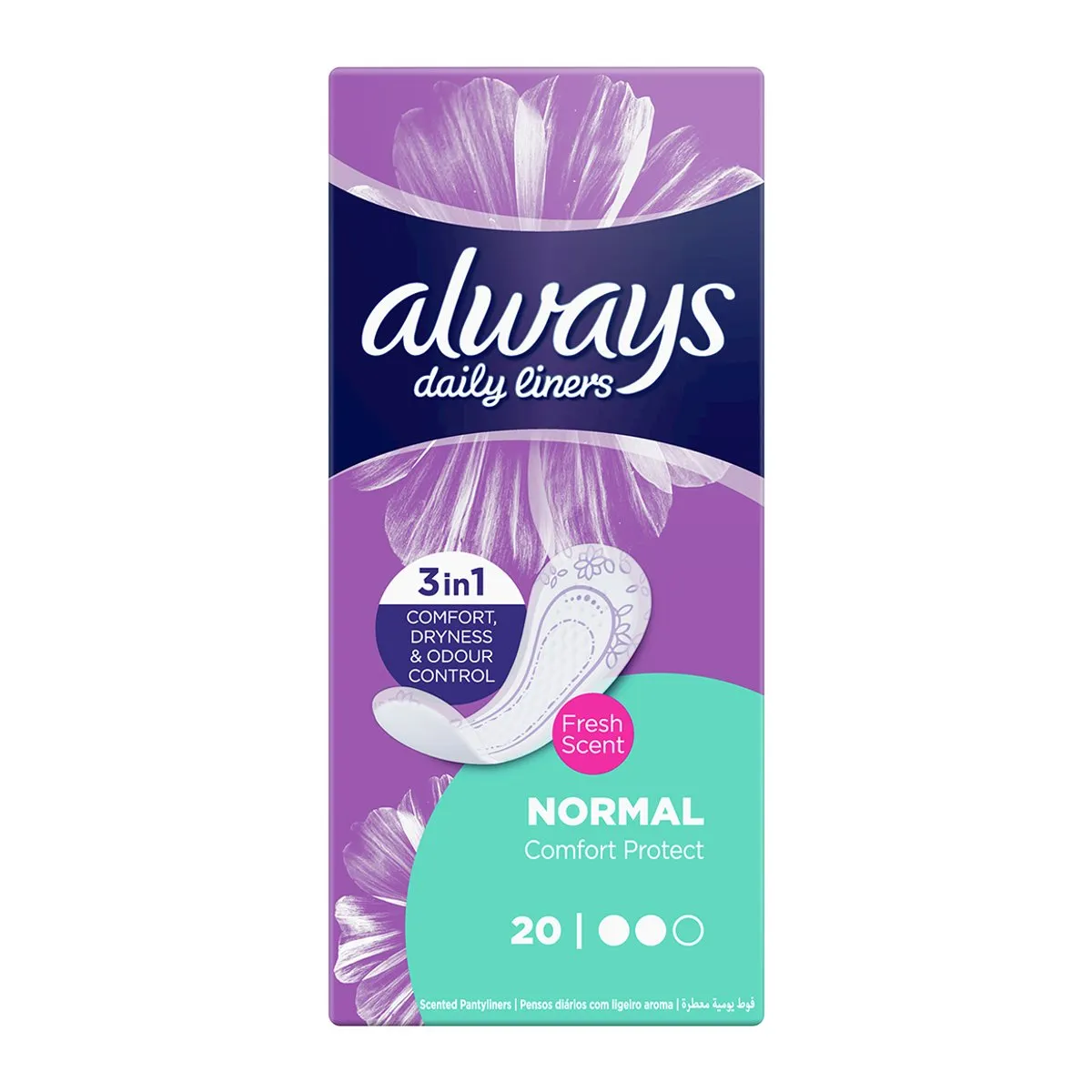 Front of Always Daily Liners Comfort Protect Fresh Scent Normal, pack of 20 liners