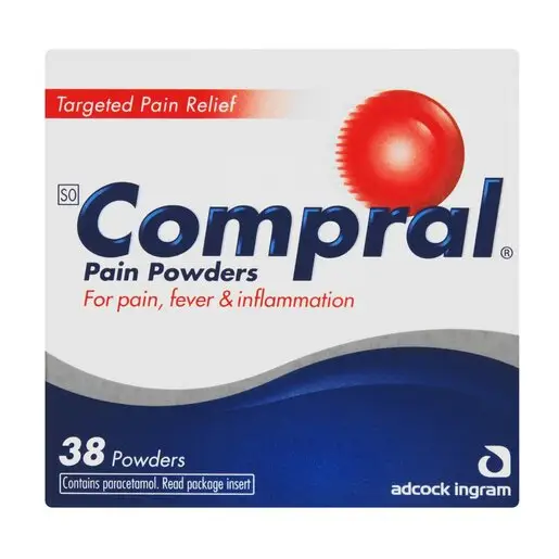 Front of Compral Pain Powders 38 powders box, Adcock Ingram