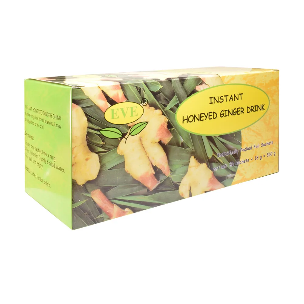 Front of Eve Instant Honeyed Ginger Drink box, 20 sachets