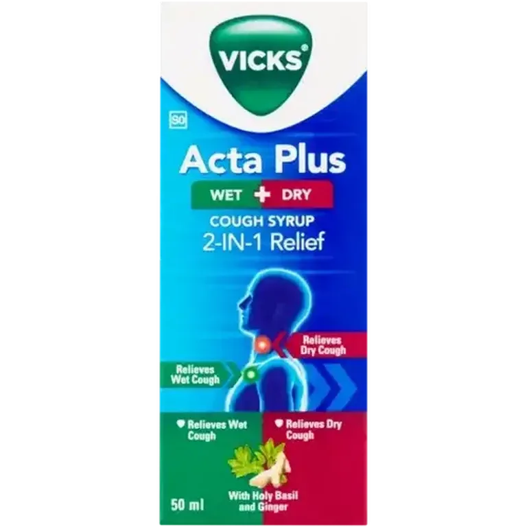 Front of Vicks Acta Plus Wet & Dry Cough Syrup 50 ml box