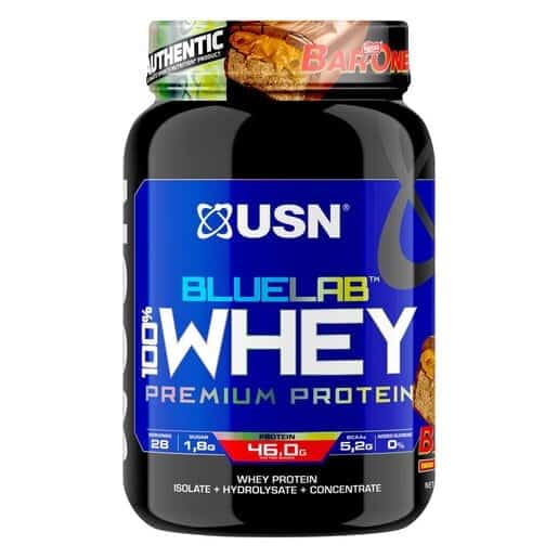 Front of USN BlueLab 100% Whey Premium Protein Caramel 908g tub