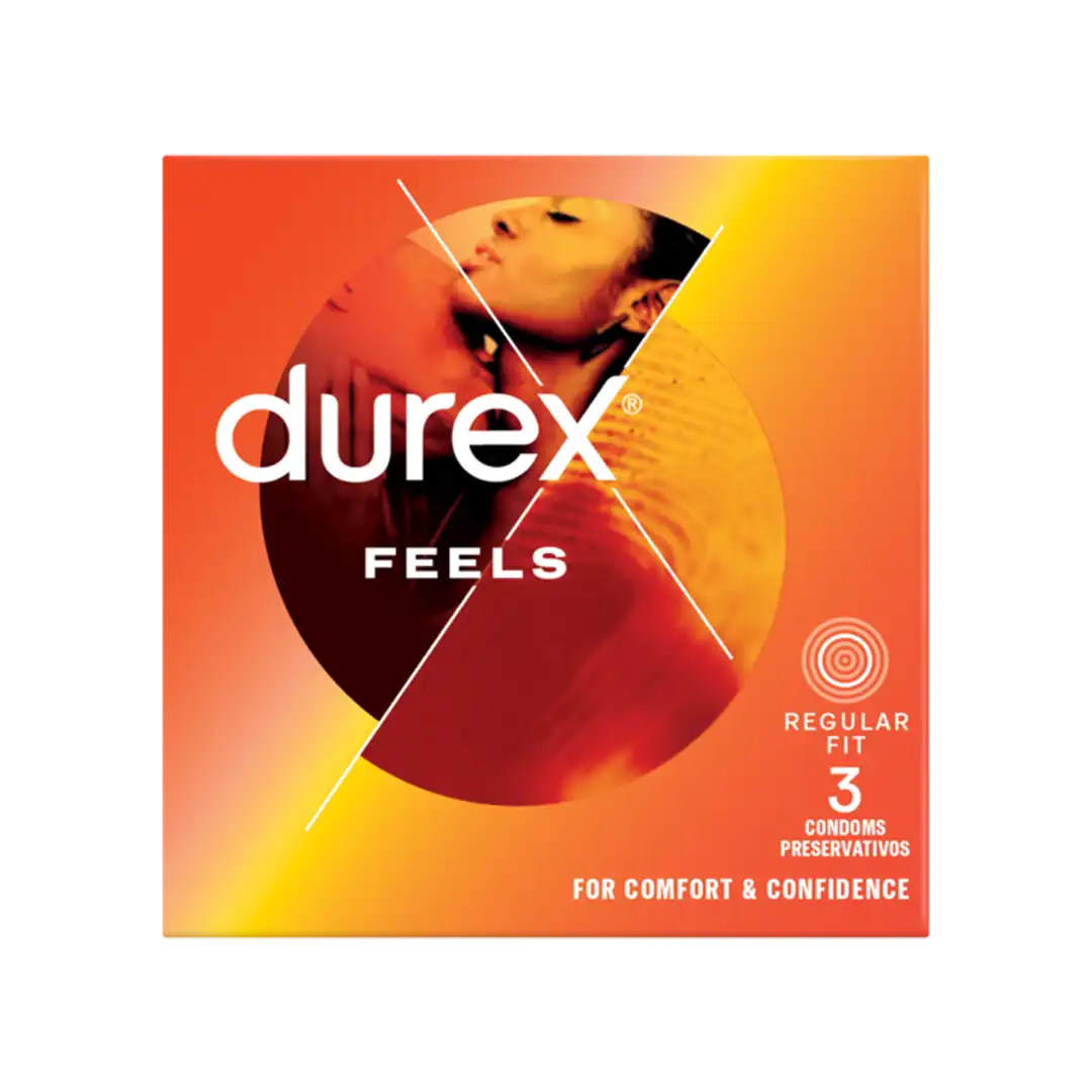 Front of Durex Feels Regular Fit condoms box, 3 condoms