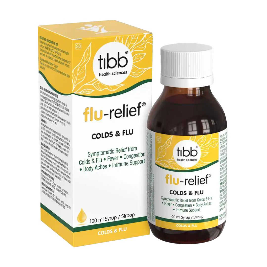 Front of TIBB Health Sciences Flu-Relief Syrup 100 ml box and bottle